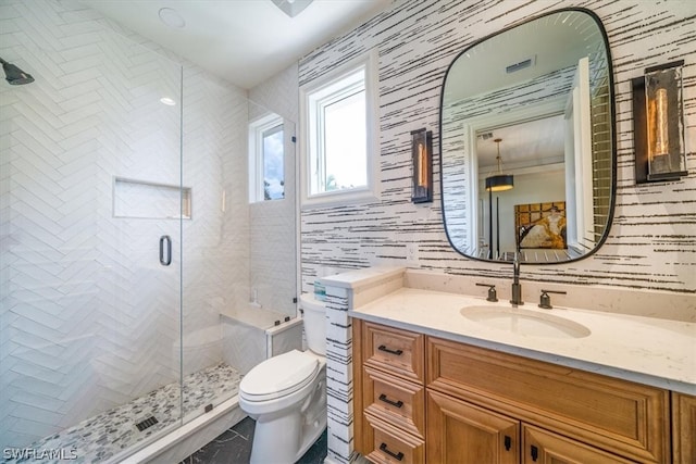 bathroom featuring tile flooring, walk in shower, oversized vanity, and toilet