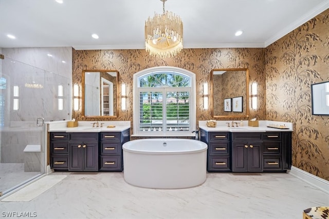 bathroom featuring double sink vanity, crown molding, shower with separate bathtub, and tile flooring