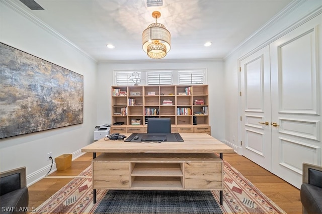 home office featuring crown molding and dark hardwood / wood-style floors