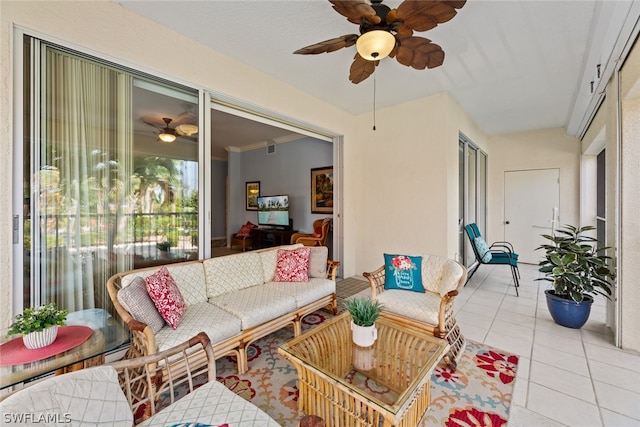 interior space featuring ceiling fan