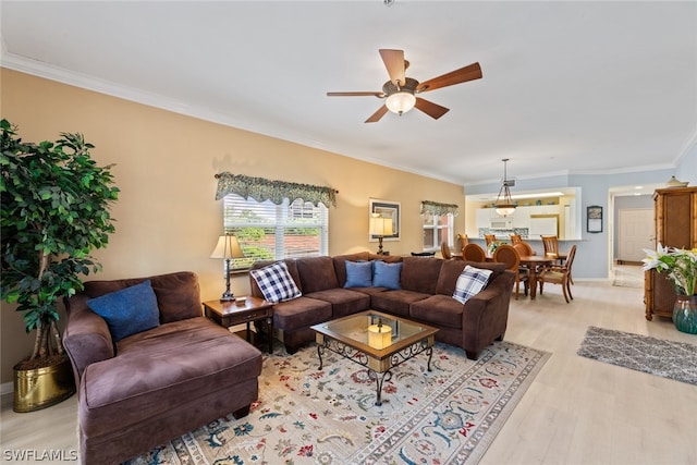 living room featuring ornamental molding, ceiling fan, and light hardwood / wood-style flooring