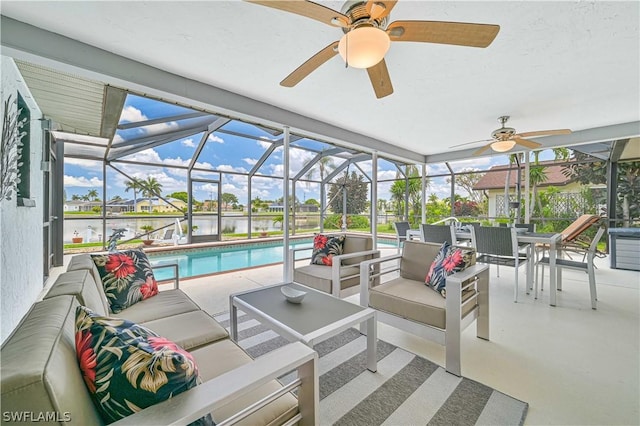 view of patio / terrace featuring a lanai and outdoor lounge area