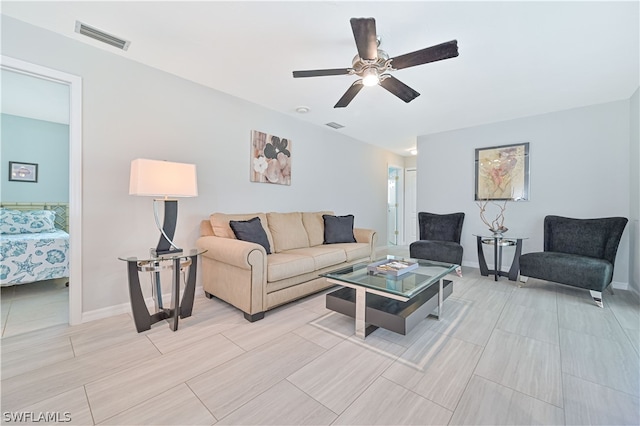 living room with ceiling fan