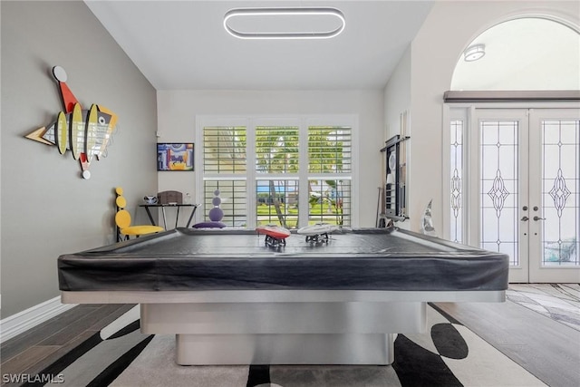 game room featuring french doors, billiards, and wood-type flooring