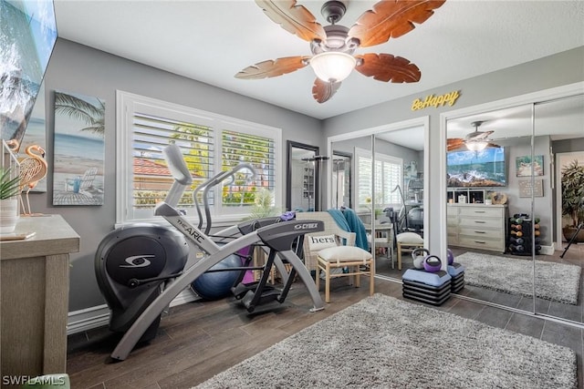 exercise area with dark hardwood / wood-style flooring, ceiling fan, and plenty of natural light