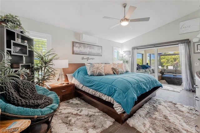 bedroom with a wall mounted air conditioner, light wood-type flooring, access to outside, vaulted ceiling, and ceiling fan