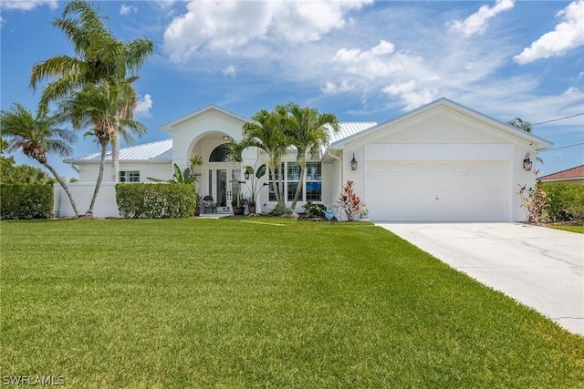 ranch-style home featuring a front yard and a garage