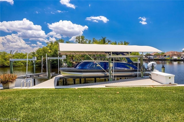 dock area with a lawn and a water view