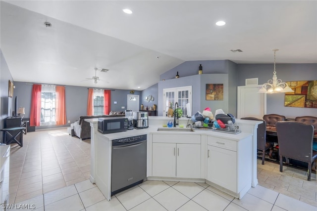 kitchen featuring sink, dishwasher, white cabinetry, and light tile floors