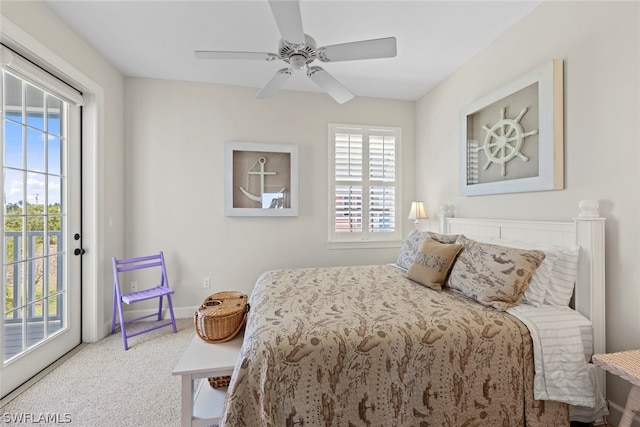 bedroom with ceiling fan, carpet floors, and access to outside