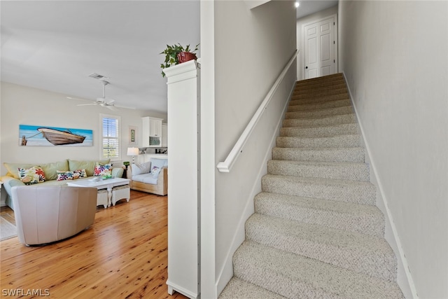 staircase featuring ceiling fan and light hardwood / wood-style flooring