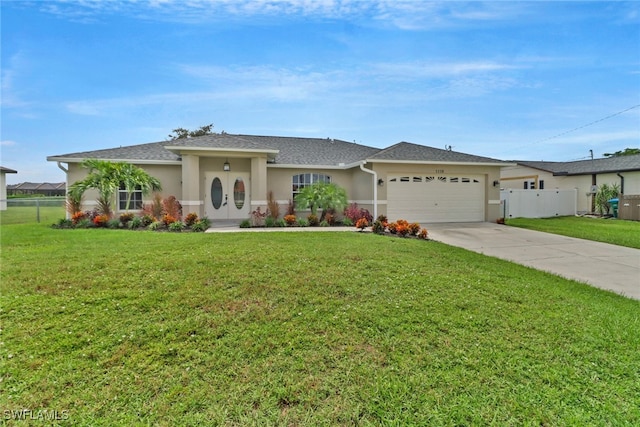 ranch-style house with a front yard and a garage