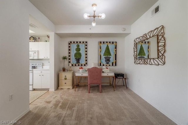 home office with light colored carpet and a chandelier