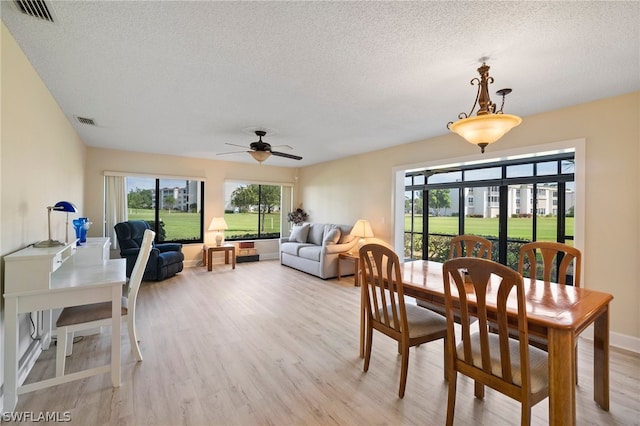 dining space featuring ceiling fan, light hardwood / wood-style floors, and a textured ceiling