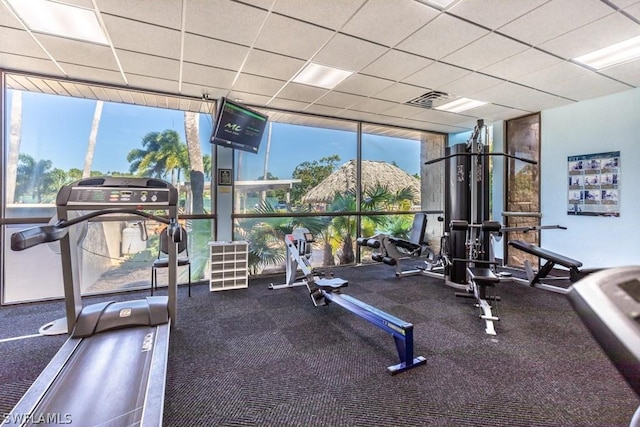 exercise room featuring a paneled ceiling and a wall of windows