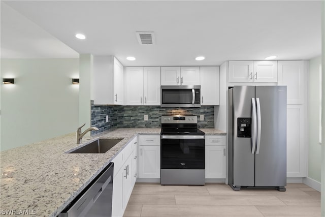 kitchen featuring stainless steel appliances, white cabinets, light stone counters, backsplash, and sink