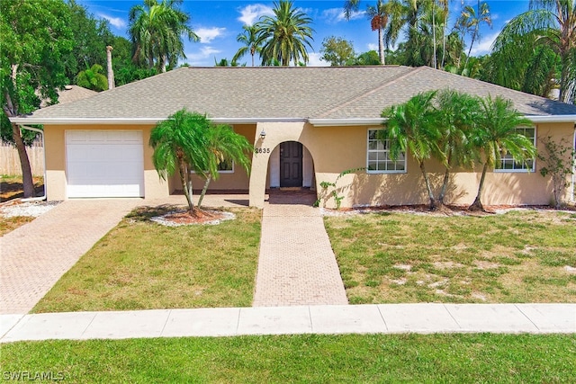 ranch-style home with a front lawn and a garage