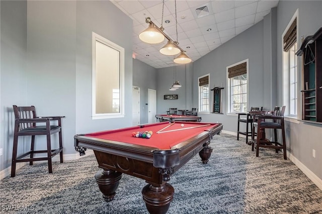 rec room with carpet flooring, a paneled ceiling, and pool table