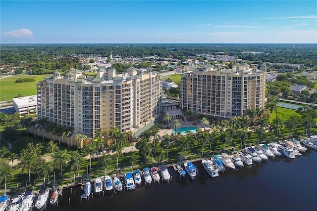 drone / aerial view featuring a water view