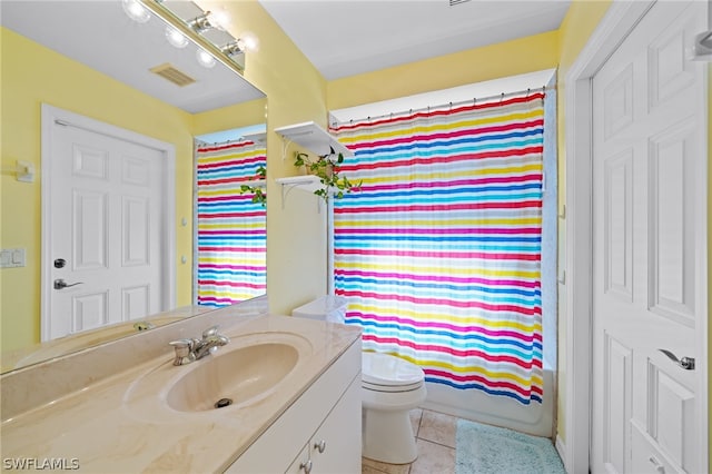 full bathroom featuring vanity, shower / tub combo, tile patterned floors, and toilet