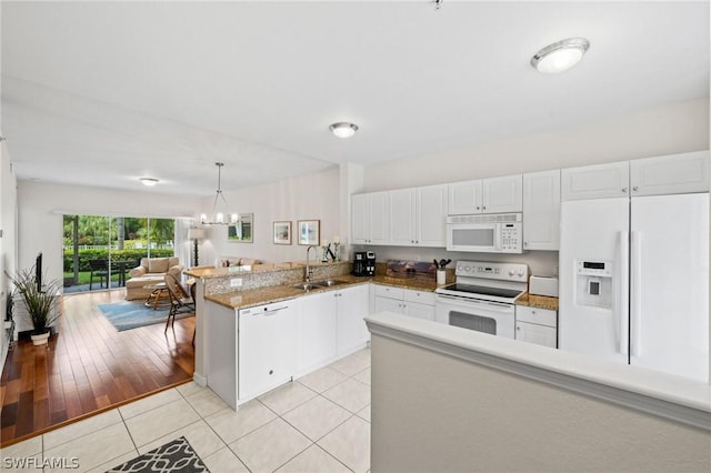 kitchen with sink, white cabinets, hanging light fixtures, kitchen peninsula, and white appliances