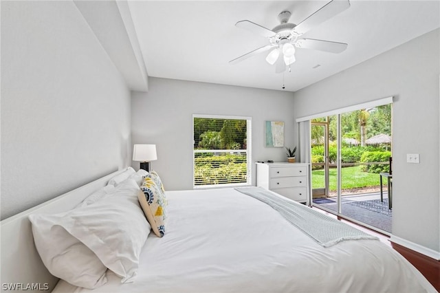 bedroom featuring ceiling fan, wood-type flooring, and access to exterior