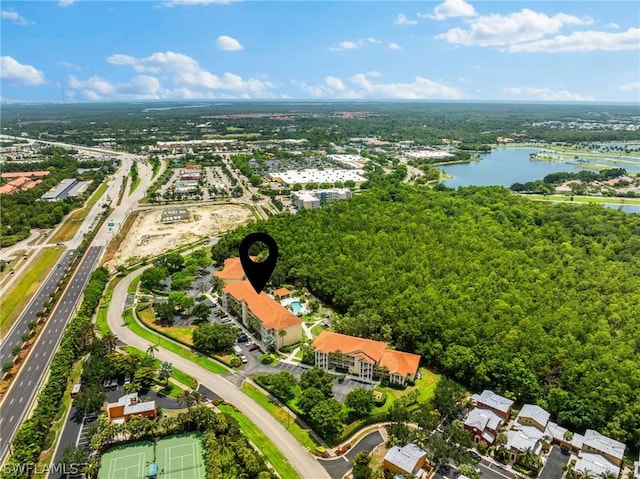 drone / aerial view featuring a water view