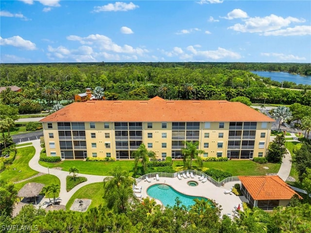 aerial view featuring a water view