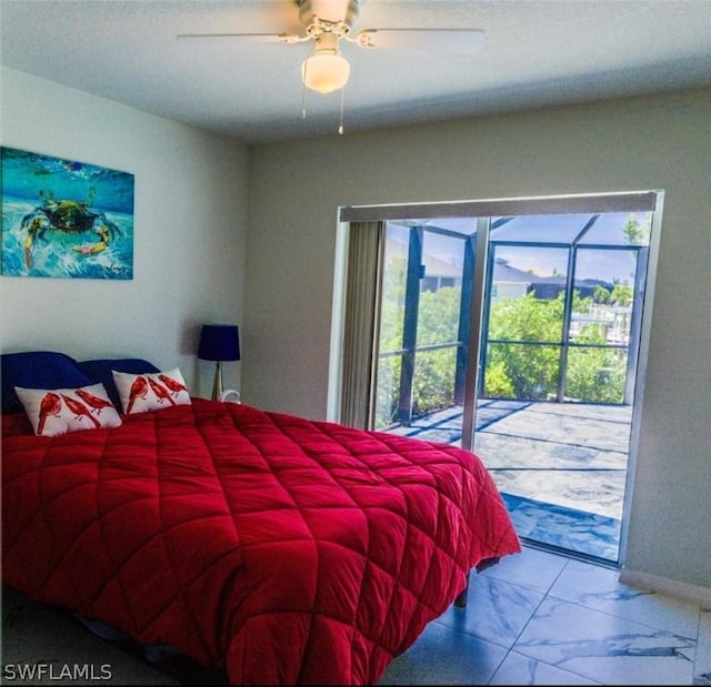 bedroom with ceiling fan, multiple windows, and access to outside