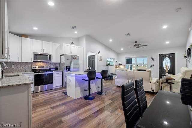 kitchen with lofted ceiling, sink, stainless steel appliances, and dark hardwood / wood-style flooring