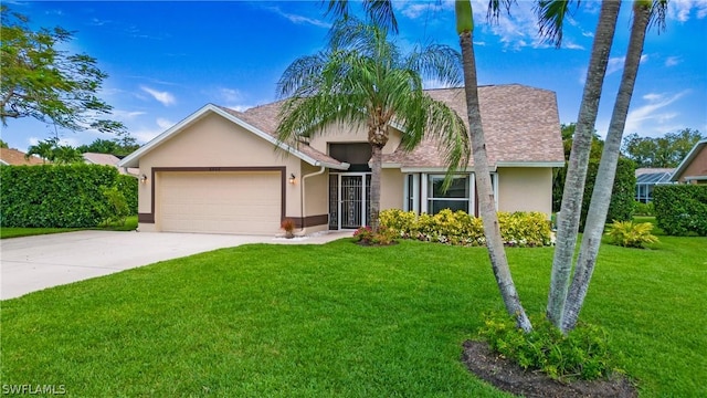 view of front of home featuring a garage and a front lawn