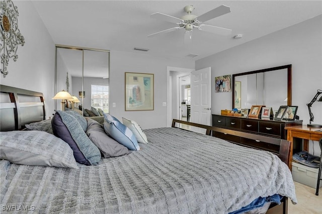 bedroom featuring ceiling fan and a closet