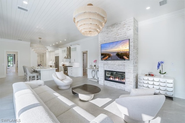 living room with a stone fireplace, ornamental molding, and wood ceiling