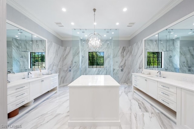 bathroom featuring tile floors, large vanity, and tile walls