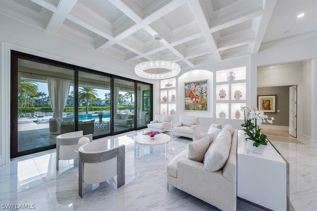 tiled living room with beamed ceiling, coffered ceiling, and crown molding