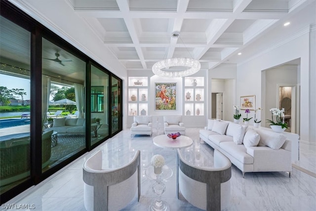 tiled living room with a notable chandelier, coffered ceiling, beam ceiling, and ornamental molding