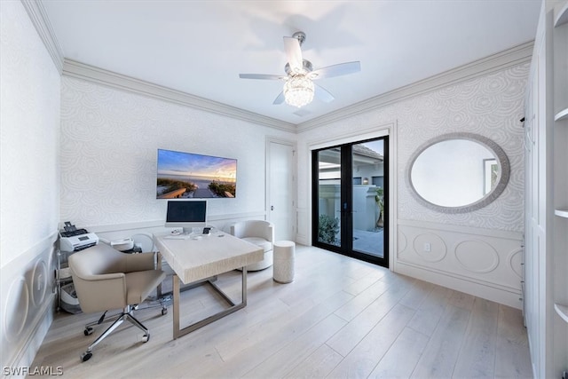 office space with ceiling fan, ornamental molding, french doors, and light wood-type flooring