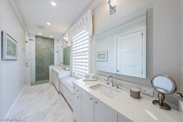 bathroom featuring tile floors, an enclosed shower, ornamental molding, and vanity