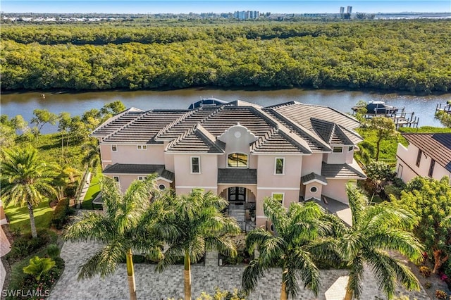 bird's eye view with a water view