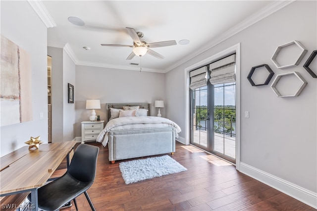 bedroom featuring french doors, access to outside, ceiling fan, and dark wood-type flooring