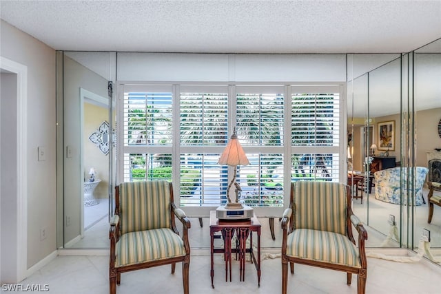 sitting room with a textured ceiling