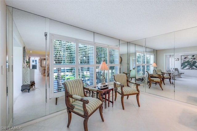 sitting room with a textured ceiling