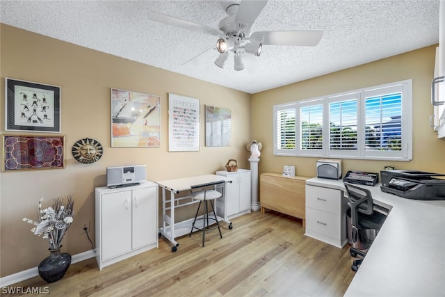 office space featuring ceiling fan, light hardwood / wood-style floors, and a textured ceiling