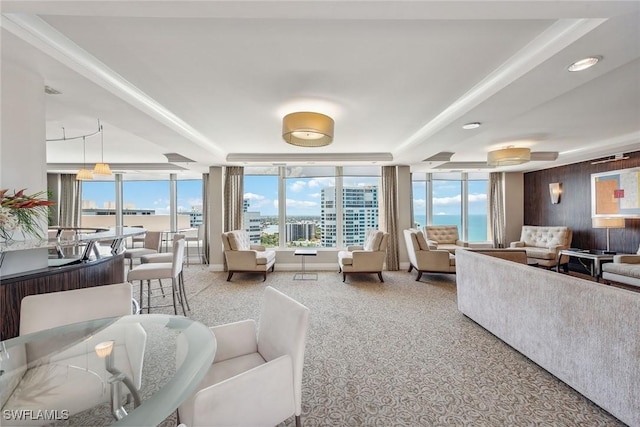 living room featuring carpet flooring and a wall of windows