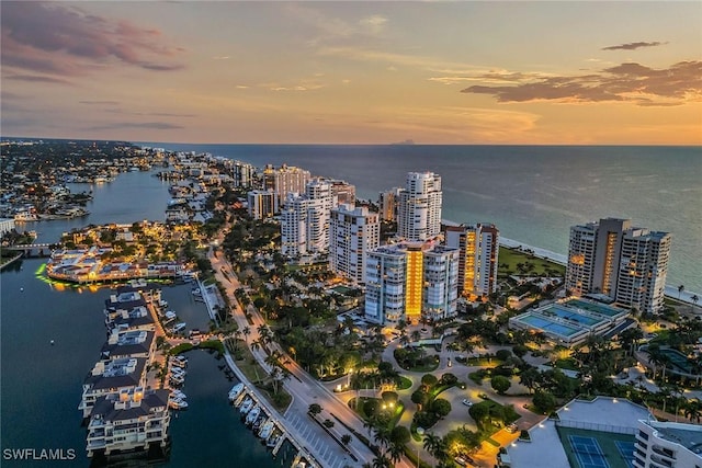 aerial view at dusk with a water view