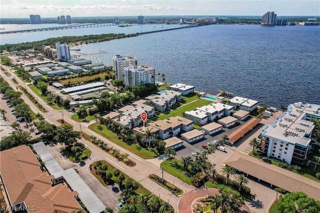 bird's eye view with a water view