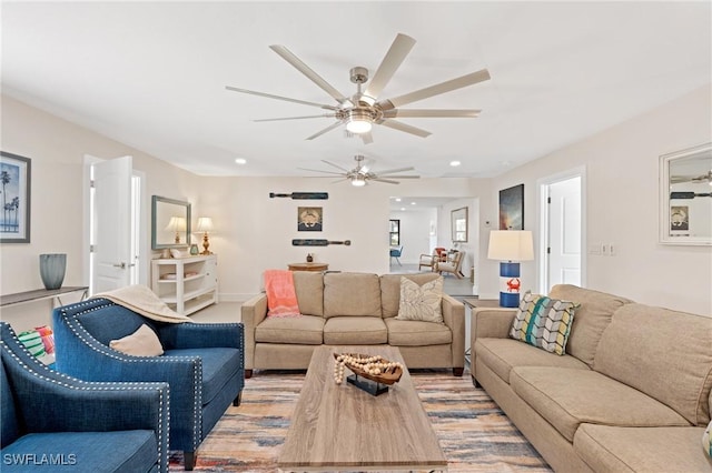 living room with ceiling fan