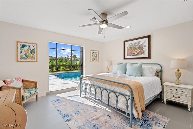 tiled bedroom with access to outside and ceiling fan