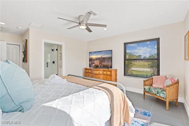 bedroom featuring tile patterned flooring, a closet, and ceiling fan