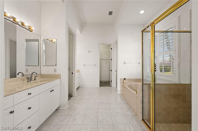 bathroom featuring vanity and independent shower and bath